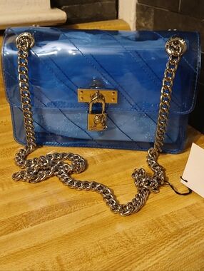 Kurt Geiger NWT Blue Transparent Brixton Style Bag W/Silver Hardware & Dustbag